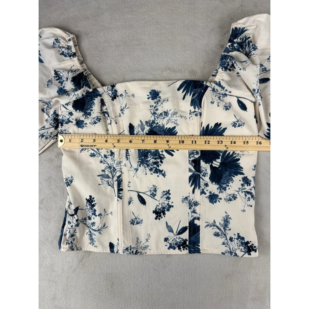 Abercrombie & Fitch Womens M Blue Floral Puff Sleeve Smocked Corset Top Blouse